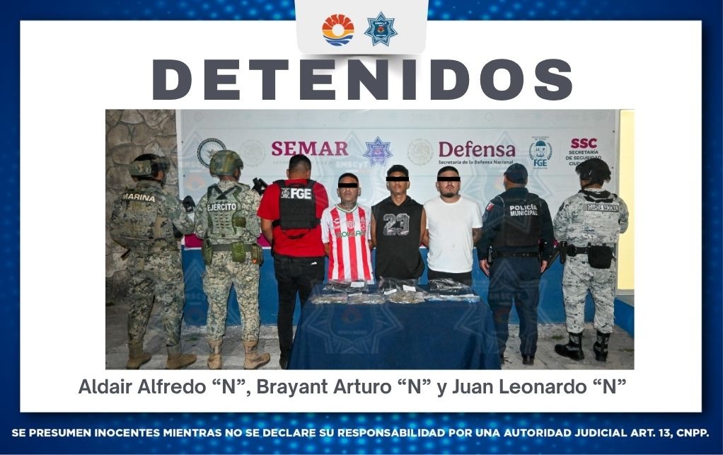 BLINDAJE CANCÚN DETIENE A TRES PERSONAS POR DELITOS CONTRA LA SALUD; DOS ESTÁN IDENTIFICADOS EN EL ATLAS DELICTIVO DE ROBOS