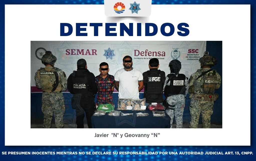 EN COORDINACIÓN INTERINSTITUCIONAL, DETIENEN A DOS MASCULINOS CON ARMAS DE FUEGO Y PRESUNTOS NARCÓTICOS