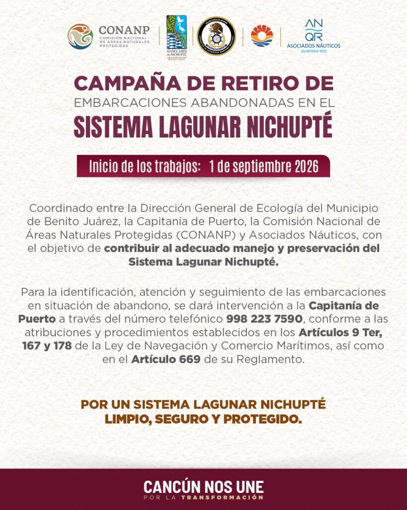 INICIARÁ EN SEPTIEMBRE CAMPAÑA DE RETIRO DE EMBARCACIONES ABANDONADAS EN LA LAGUNA NICHUPTÉ