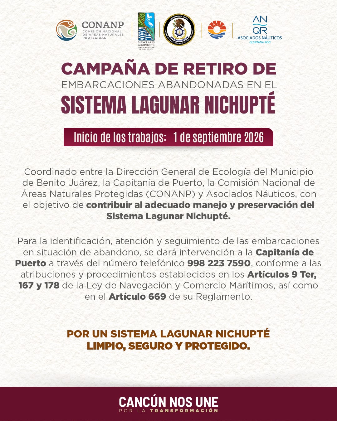 INICIARÁ EN SEPTIEMBRE CAMPAÑA DE RETIRO DE EMBARCACIONES ABANDONADAS EN LA LAGUNA NICHUPTÉ