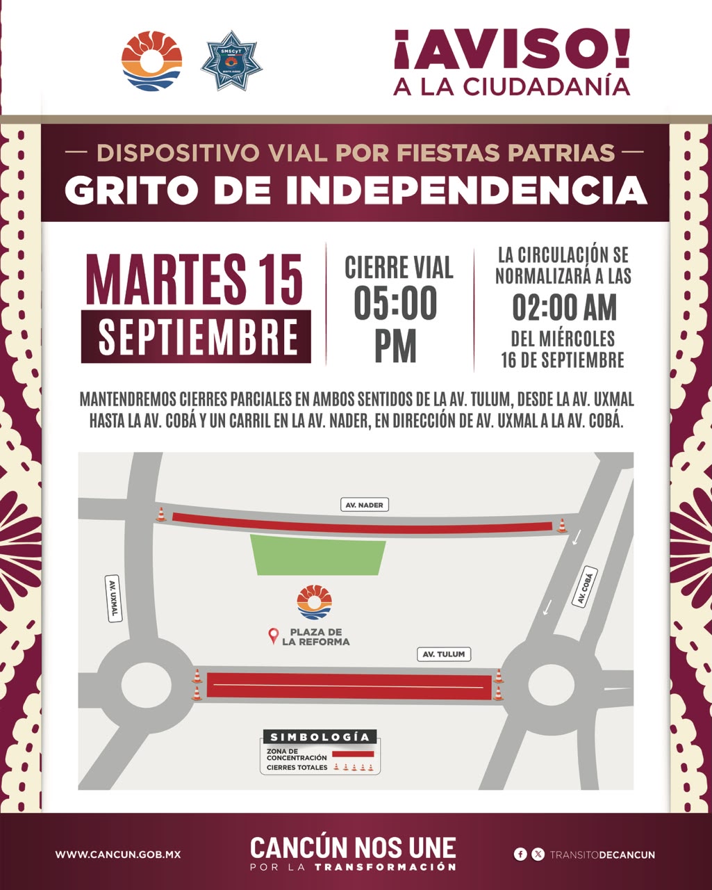 POLICÍA CANCÚN IMPLEMENTARÁ UN DISPOSITIVO DE SEGURIDAD VIAL DURANTE LAS FIESTAS PATRIAS